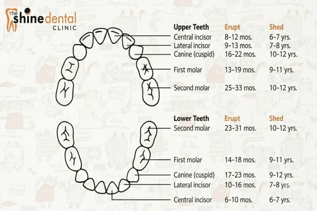Baby tooth eruption and shedding age chart by The Shine Dental Clinic.