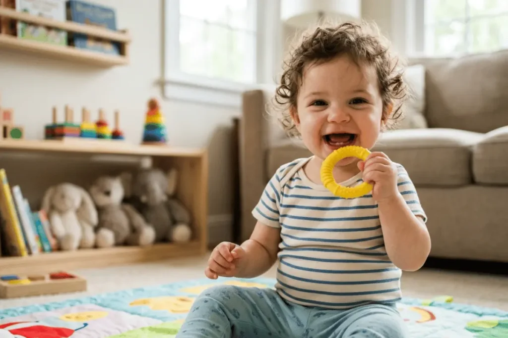 Baby chewing a teething toy indoors, representing delayed teething and common teething behaviors in young children.