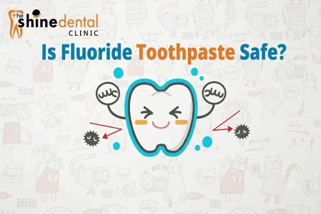 Illustrated tooth cartoon blocking bacteria with text 'Is Fluoride Toothpaste Safe? 'The Shine Dental Clinic Nepal