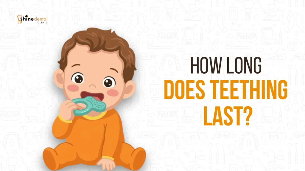 Illustration of baby chewing teething toy while his teething lasts