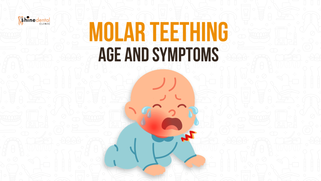 baby in molar teething age crying with a highlighted sore cheeks, illustrating pain and symptoms