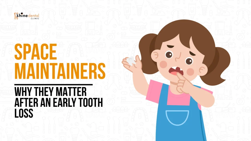 Child pointing to the gap from an early lost tooth, needing a space maintainers